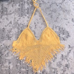 Mora Yellow Crochet Halter Crop Top w/Shell Fringe